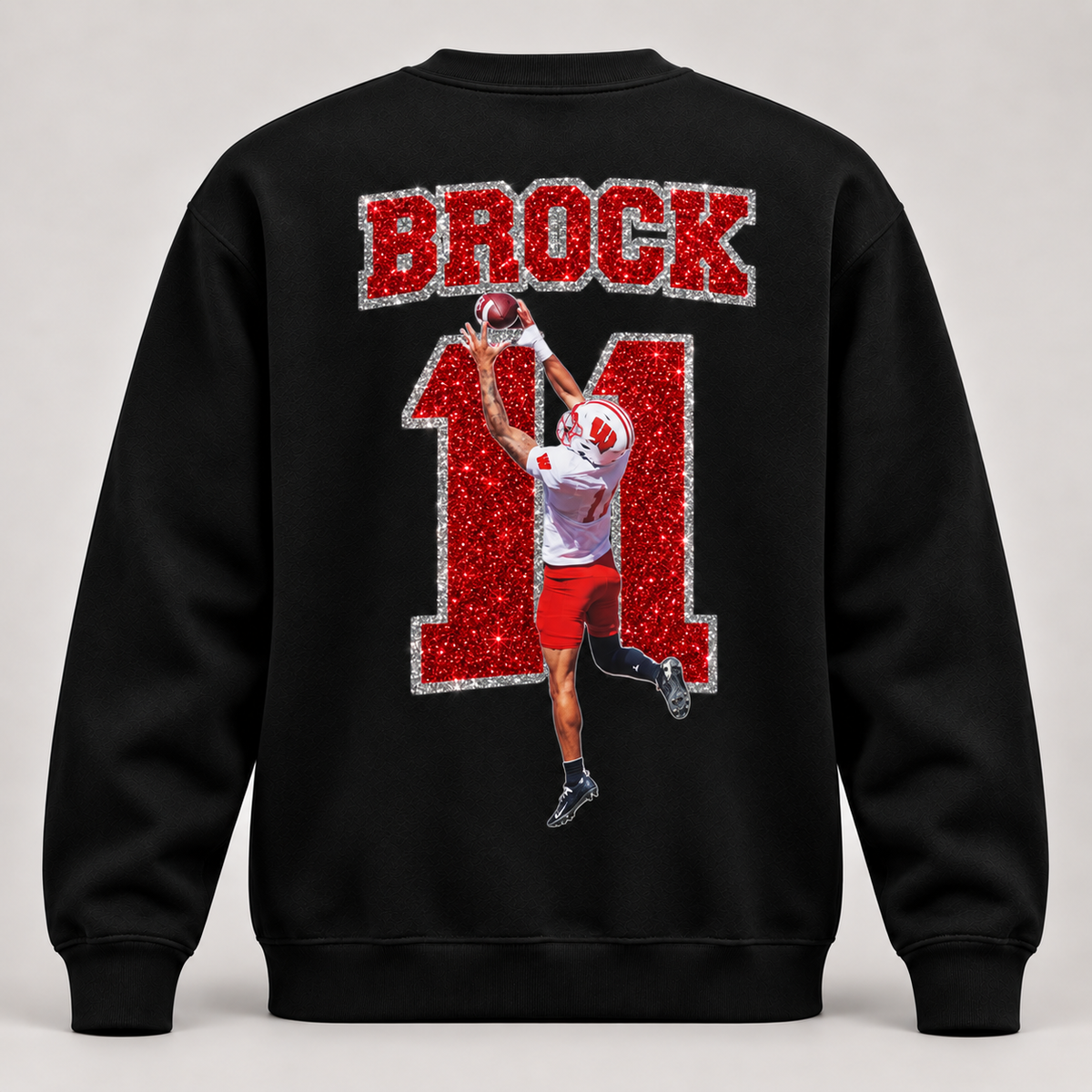 Custom glitter sports crewneck sweatshirt back mockup with Brock, number 11, and football action player