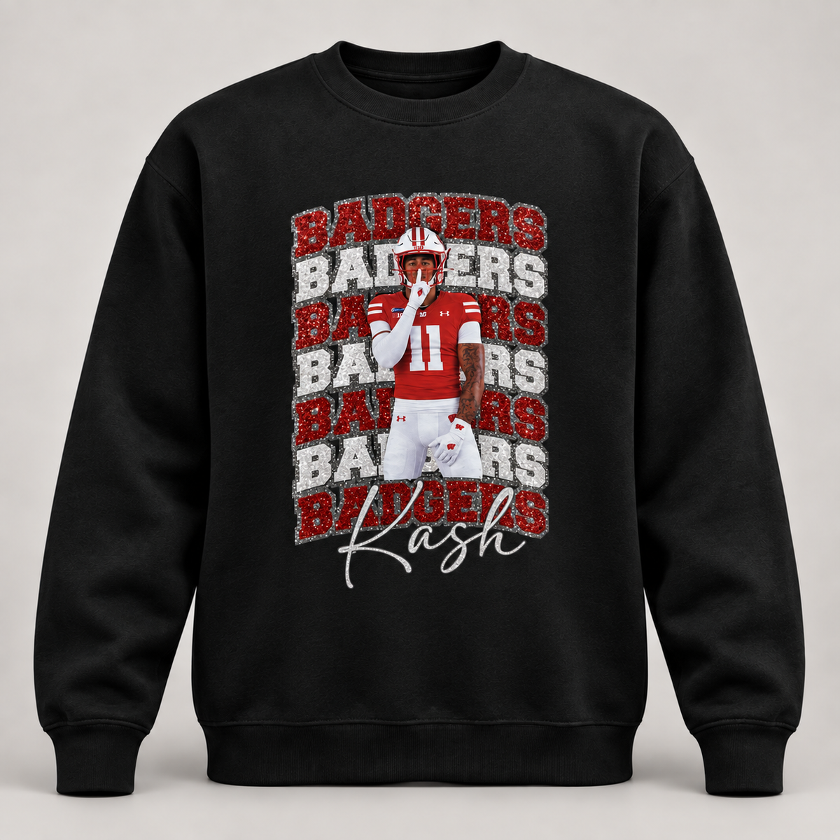 Custom glitter sports crewneck sweatshirt player photo collage front mockup