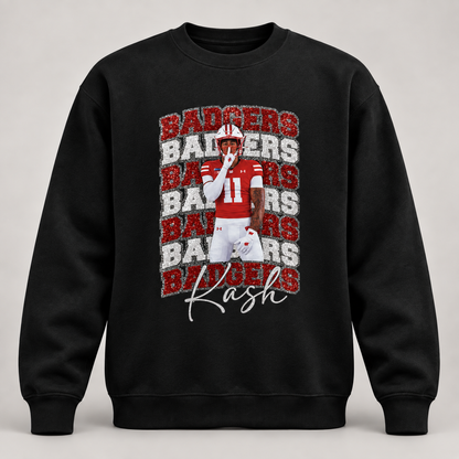 Custom glitter sports crewneck sweatshirt player photo collage front mockup