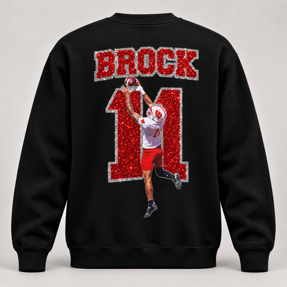 Custom glitter sports crewneck sweatshirt back mockup with Brock, number 11, and football action player