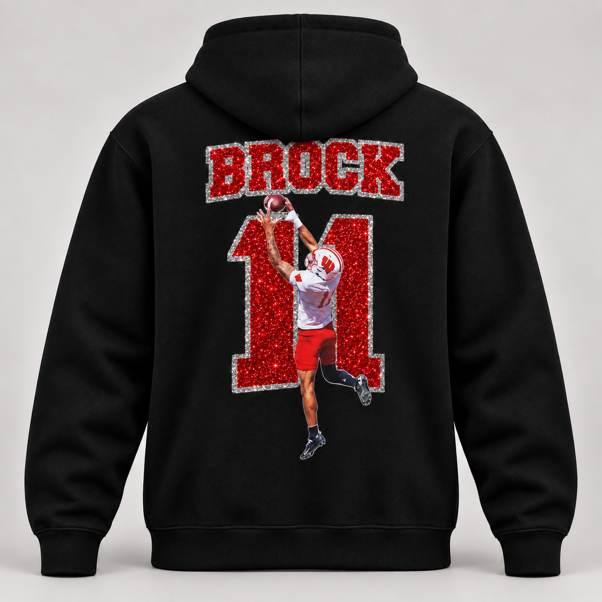 Custom glitter sports hoodie back mockup with Brock, number 11, and football player