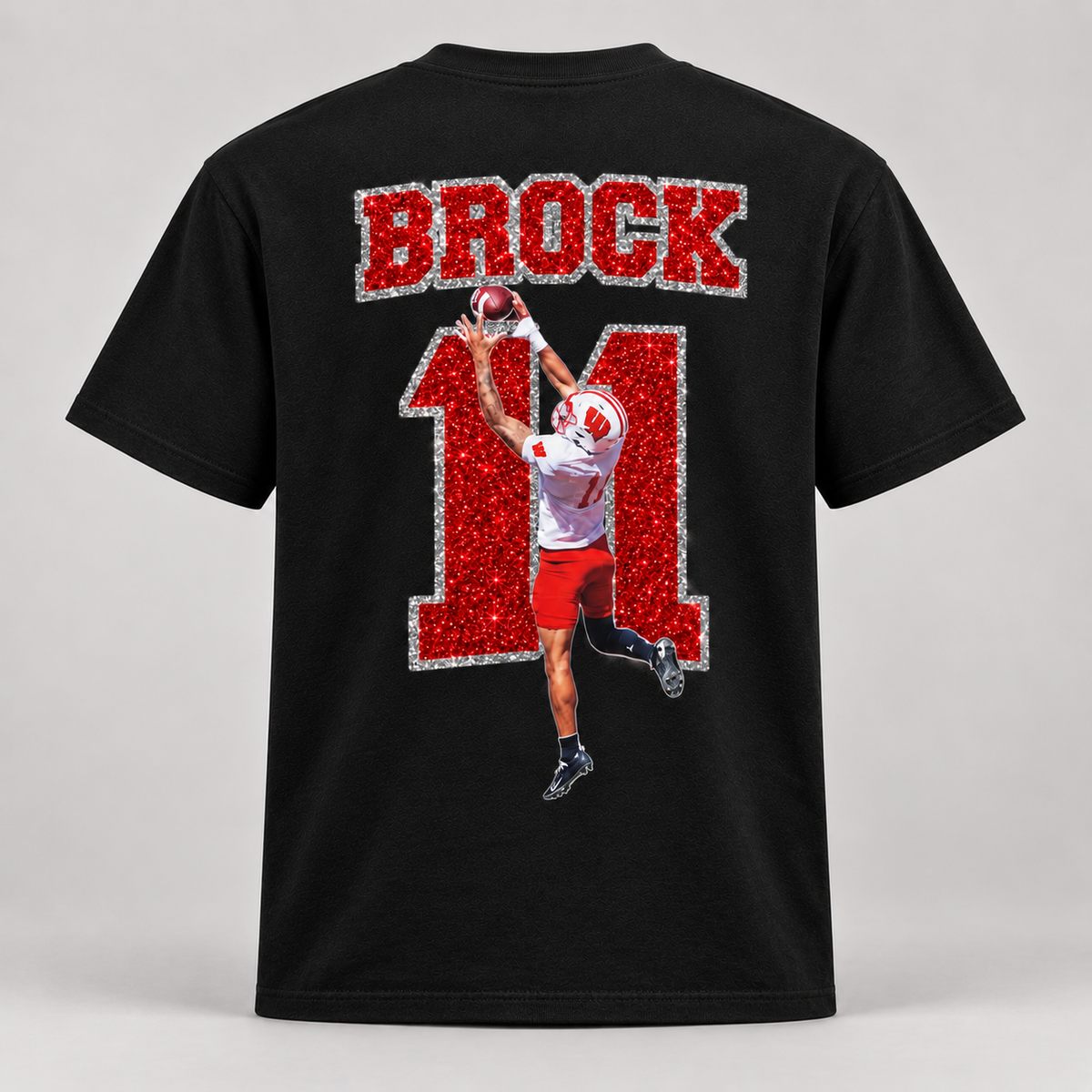 Custom glitter sports T-shirt back mockup with Brock, number 11, and football player