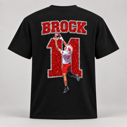 Custom glitter sports T-shirt back mockup with Brock, number 11, and football player