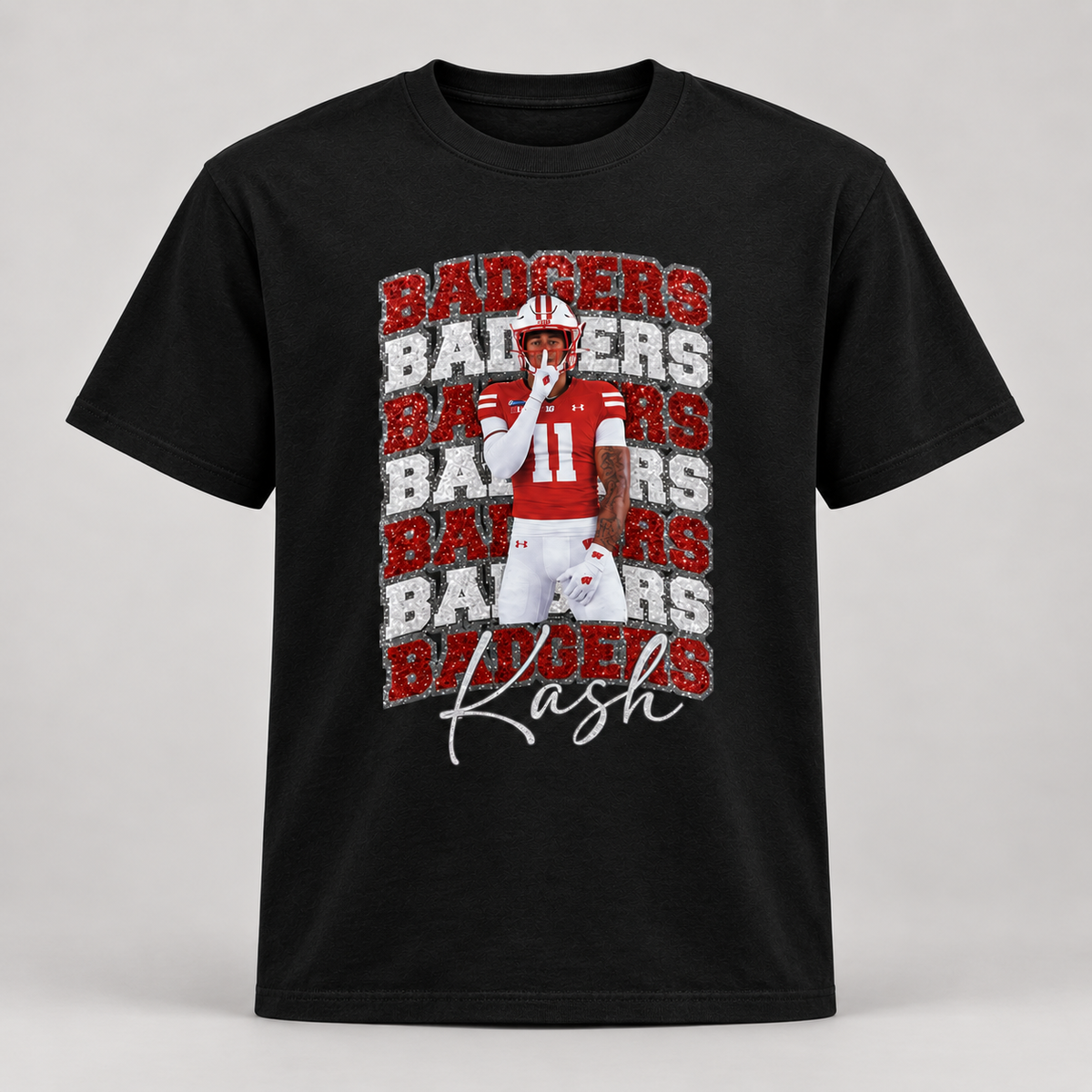 Custom glitter sports T-shirt player photo collage front mockup